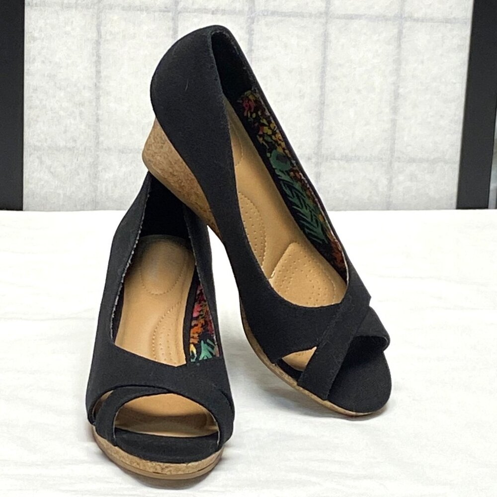 Dexflex Comfort Black Caitlyn Open Toe Canvas Faux Cork Wedge Espadrilles 9.5W